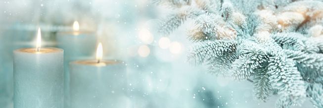 Snow-covered tree and candles